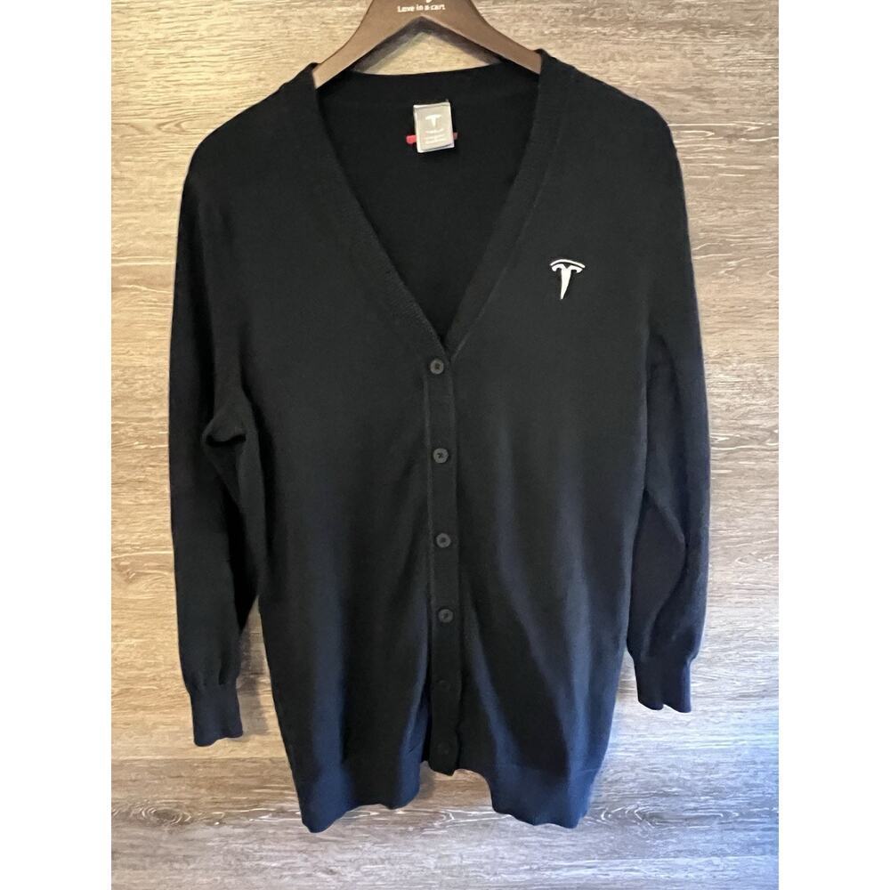 Tesla Cardigan Black Sweater Size Large Black Unisex V neck Button down